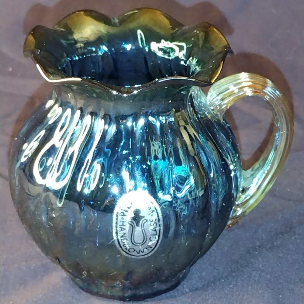 Pilgrim Glass Iridescent Blue Ruffled Creamer Pitcher Amber Handle Hand Blown